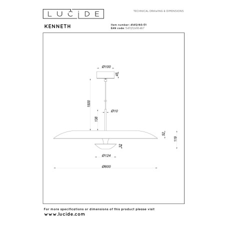 Lucide KENNETH - Suspension - Ø 60 cm - LED Dim. - 1x16W 2700K - Blanc - Premium