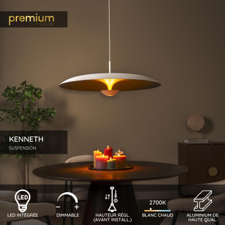 Lucide KENNETH - Suspension - Ø 80 cm - LED Dim. - 1x22W 2700K - Blanc - Premium