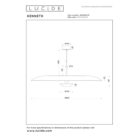 Lucide KENNETH - Suspension - Ø 80 cm - LED Dim. - 1x22W 2700K - Blanc - Premium
