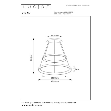Lucide VIDAL - Suspension - Ø 78 cm - LED Dim. - 1x92W 2700K - Noir - Premium