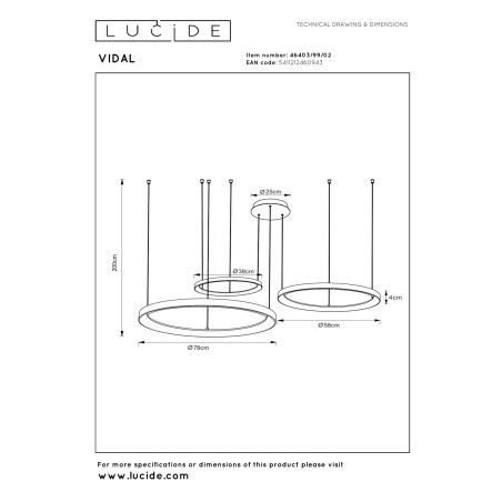 Lucide VIDAL - Suspension - Ø 78 cm - LED Dim. - 1x120W 2700K - Or Mat / Laiton - Premium