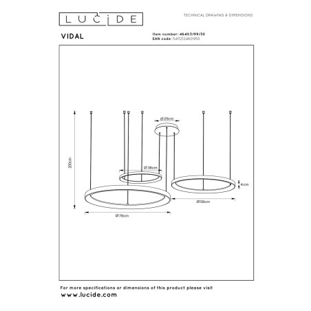 Lucide VIDAL - Suspension - Ø 78 cm - LED Dim. - 1x120W 2700K - Noir - Premium