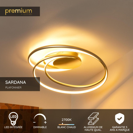 Lucide SARDANA - Plafonnier - LED Dim. - 1x54W 2700K - Or Mat / Laiton - Premium