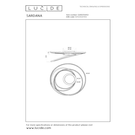 Lucide SARDANA - Plafonnier - LED Dim. - 1x54W 2700K - Or Mat / Laiton - Premium