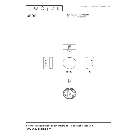 Lucide UFOR - Applique murale - Ø 12 cm - LED Dim to warm - 1800K/3000K - Noir - Premium