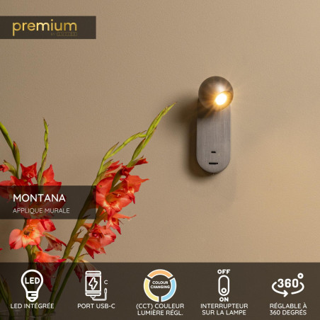 Lucide MONTANA - Applique murale - LED - CCT - 1x6W 2700K/4000K - Point de rechargement USB - Fer gris - Premium