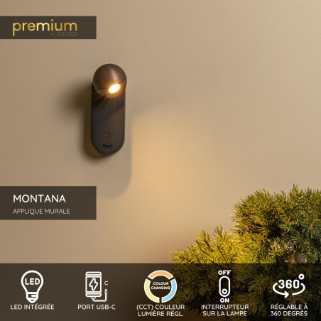 Lucide MONTANA - Applique murale - LED - CCT - 1x6W 2700K/4000K - Point de rechargement USB - Café - Premium