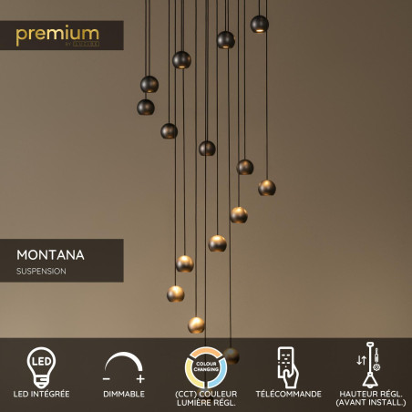 Lucide MONTANA - Suspension - LED Dim. - CCT - 16x5,7W 2700K/4000K - Convient aux mezzanines et plafonds hauts - Café - Premium