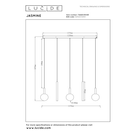 Lucide JASMINE - Suspension - LED Dim. - CCT - 5x4W 2200K/3300K - Cuivre - Premium