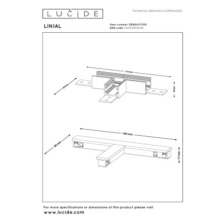 Lucide Premium LINIAL connecteur en T - Système de rail monophasé / Éclairage sur rail - Smart - 48V Track - Champagne