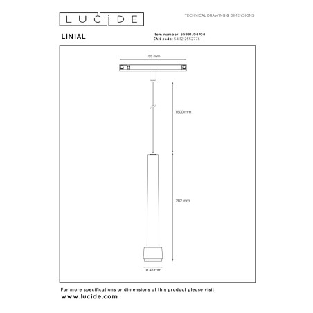 Lucide Premium LINIAL TUBIZ Suspension - Smart - 48V Track - 1xLED - Canon Fusil Mat