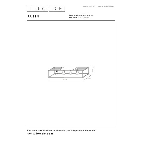 Lucide RUBEN - Plafonnier - 4xE27 - Noir - L 90 x P 20 x H 22,5 cm