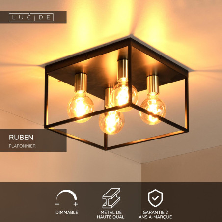 Lucide RUBEN - Plafonnier - 4xE27 - Noir - L 36 x P 36 x H 22 cm