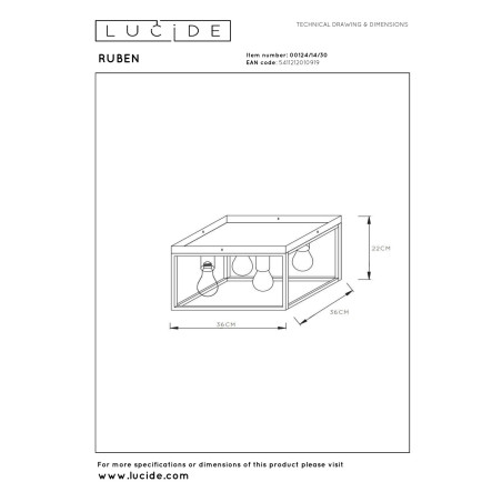 Lucide RUBEN - Plafonnier - 4xE27 - Noir - L 36 x P 36 x H 22 cm