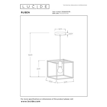 Lucide RUBEN - Suspension - 1xE27 - Noir