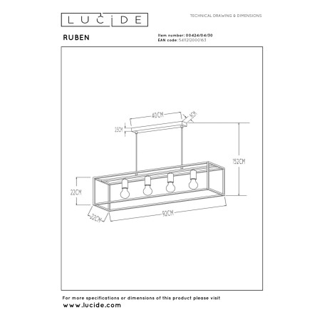 Lucide RUBEN - Suspension - 4xE27 - Noir