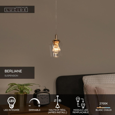 Lucide BERLIANE - Suspension - Ø 12 cm - LED Dim. - 1x4W 2700K - Avec module LED remplaçable - Transparent - Essential