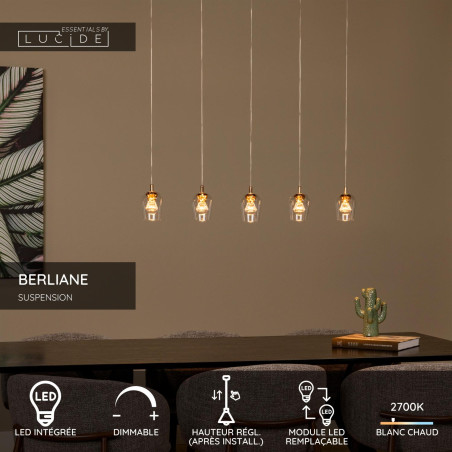 Lucide BERLIANE - Suspension - LED Dim. - 5x4W 2700K - Avec module LED remplaçable - Transparent - Essential
