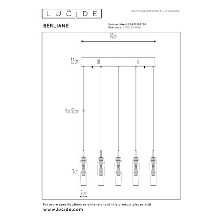 Lucide BERLIANE - Suspension - LED Dim. - 5x4W 2700K - Avec module LED remplaçable - Transparent - Essential