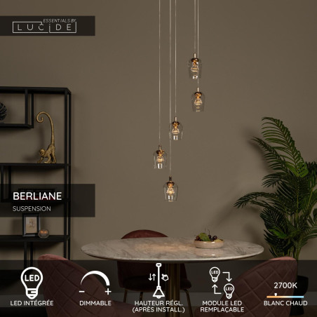 Lucide BERLIANE - Suspension - Ø 34 cm - LED Dim. - 5x4W 2700K - Avec module LED remplaçable - Transparent - Essential