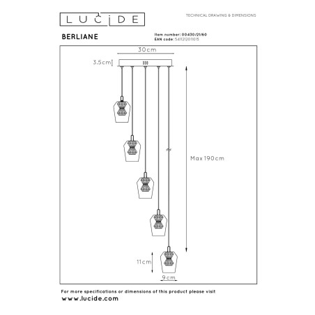 Lucide BERLIANE - Suspension - Ø 34 cm - LED Dim. - 5x4W 2700K - Avec module LED remplaçable - Transparent - Essential