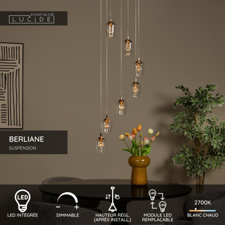 Lucide BERLIANE - Suspension - Ø 39 cm - LED Dim. - 7x4W 2700K - Avec module LED remplaçable - Transparent - Essential