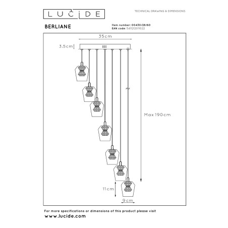 Lucide BERLIANE - Suspension - Ø 39 cm - LED Dim. - 7x4W 2700K - Avec module LED remplaçable - Transparent - Essential