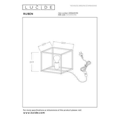 Lucide RUBEN - Lampe de table - 1xE27 - Noir