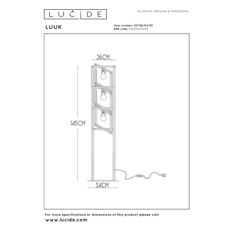 Lucide LUUK - Lampadaire - 3xE27 - Noir