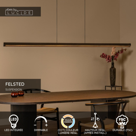 Lucide FELSTED - Suspension - LED Dim. - CCT - 1x28W 2200K/4000K - Noir - Vibes