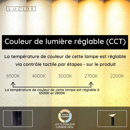 Lucide JIVE - Lampe de table Rechargeable Intérieur/Extérieur - Batterie/Piles - Ø 13,7 cm - LED Dim. - CCT - 1x3W 2800K/6500K