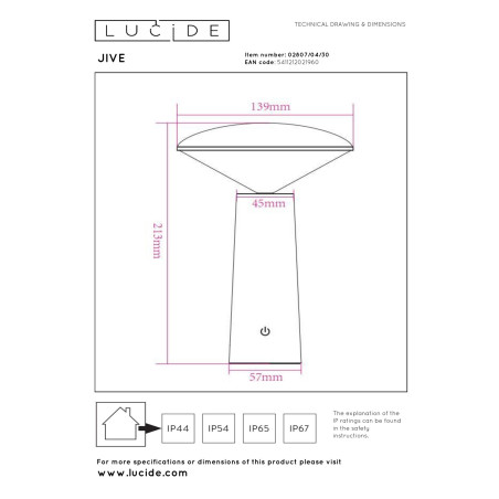 Lucide JIVE - Lampe de table Rechargeable Intérieur/Extérieur - Batterie/Piles - Ø 13,7 cm - LED Dim. - CCT - 1x3W 2800K/6500K