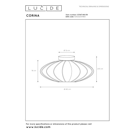Lucide CORINA - Plafonnier - Ø 40 cm - 1xE27 - Noir