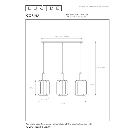 Lucide CORINA - Suspension - 3xE27 - Crème