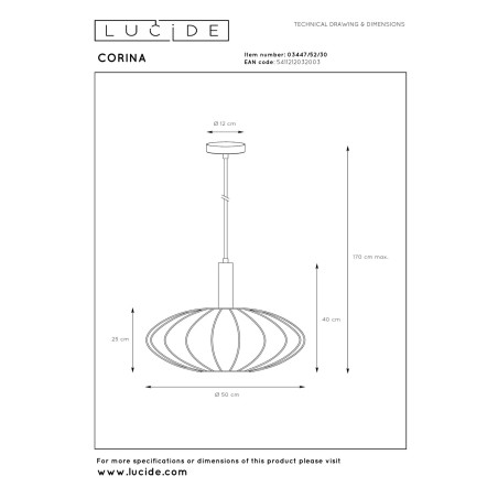 Lucide CORINA - Suspension - Ø 50 cm - 1xE27 - Noir