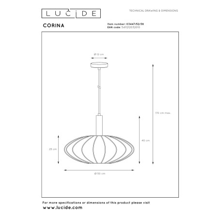 Lucide CORINA - Suspension - Ø 50 cm - 1xE27 - Crème