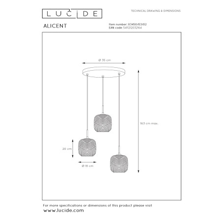 Lucide ALICENT - Suspension - Ø 35 cm - 3xE27 - Or Mat / Laiton