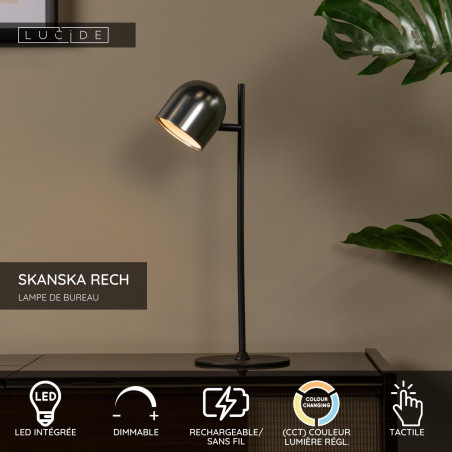 Lucide SKANSKA RECH - Lampe de bureau Rechargeable Intérieur/Extérieur - - L 21 x P 16 x H 46 cm - Fer gris / Noir