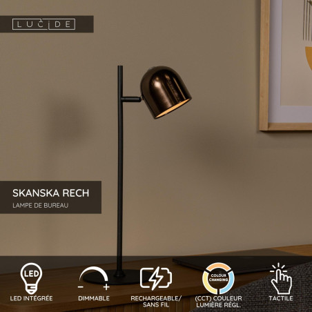 Lucide SKANSKA RECH - Lampe de bureau Rechargeable Intérieur/Extérieur - - L 21 x P 16 x H 46 cm - Café / Noir