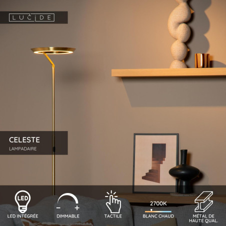 Lucide CELESTE - Lampadaire - Ø 28 cm - LED Dim. - 1x21W 2700K - Or Mat / Laiton