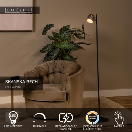 Lucide SKANSKA RECH - Lampadaire Rechargeable Intérieur/Extérieur - Batterie/Piles - Ø 23 cm - LED - H 137 cm - Fer gris / Noir