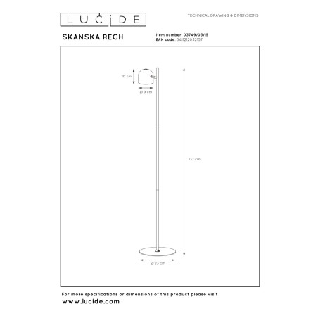 Lucide SKANSKA RECH - Lampadaire Rechargeable Intérieur/Extérieur - Batterie/Piles - Ø 23 cm - LED - H 137 cm - Fer gris / Noir