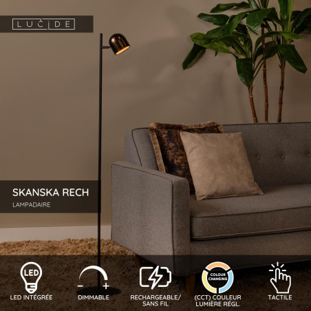 Lucide SKANSKA RECH - Lampadaire Rechargeable Intérieur/Extérieur - Batterie/Piles - Ø 23 cm - LED - H 137 cm - Café / Noir