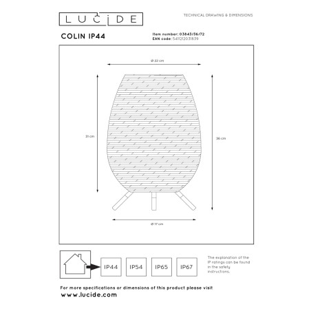 Lucide COLIN IP44 - Lampe de table Rechargeable Intérieur/Extérieur - Batterie/Piles - LED 3 StepDim - 1x3W 3000K - IP44 -
