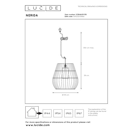 Lucide NERIDA - Suspension Intérieur/Extérieur - Ø 35 cm - 1xE27 - IP44 - Convient aux mezzanines et plafonds hauts - Noir