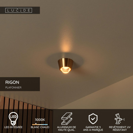 Lucide RIGON - Plafonnier - Ø 9 cm - LED - 1x7W 3000K - Or Mat / Laiton