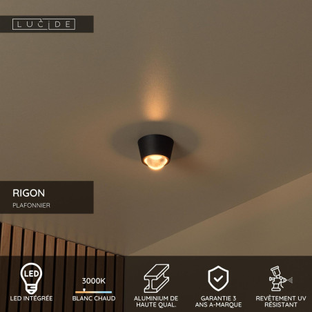 Lucide RIGON - Plafonnier - Ø 9 cm - LED - 1x6W 3000K - Noir