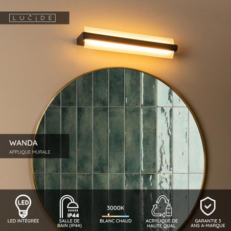 Lucide WANDA - Applique murale Salle de bains - LED - 1x15W 3000K - IP44 - Noir