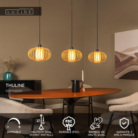 Lucide THULINE - Suspension - 3xE27 - Bois clair - Essential