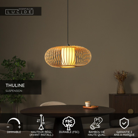 Lucide THULINE - Suspension - Ø 60 cm - 1xE27 - Bois clair - Essential